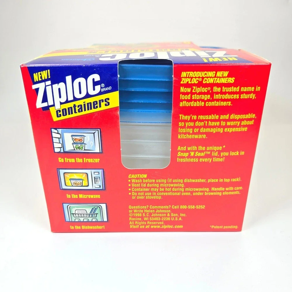 Vintage 1998 Ziploc Containers 5 Pack Small Square 20oz Snap N Seal Lids NEW